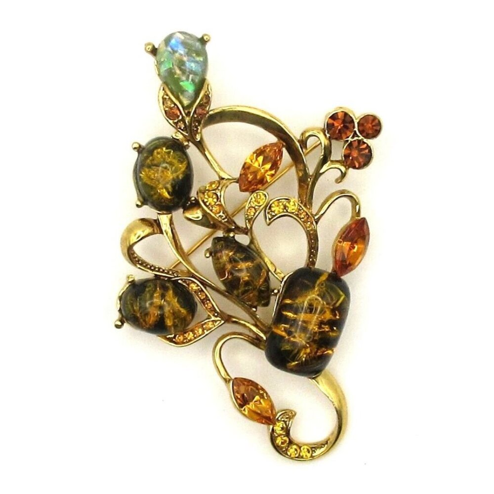 Signed Neoglory Gold Tone Rhinestone Faux Opal and Amber Flower Brooch Pin